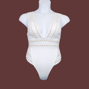 River Island Womens White Plunge V-Neck Metallic One Piece Swimsuit Size 4 NWT